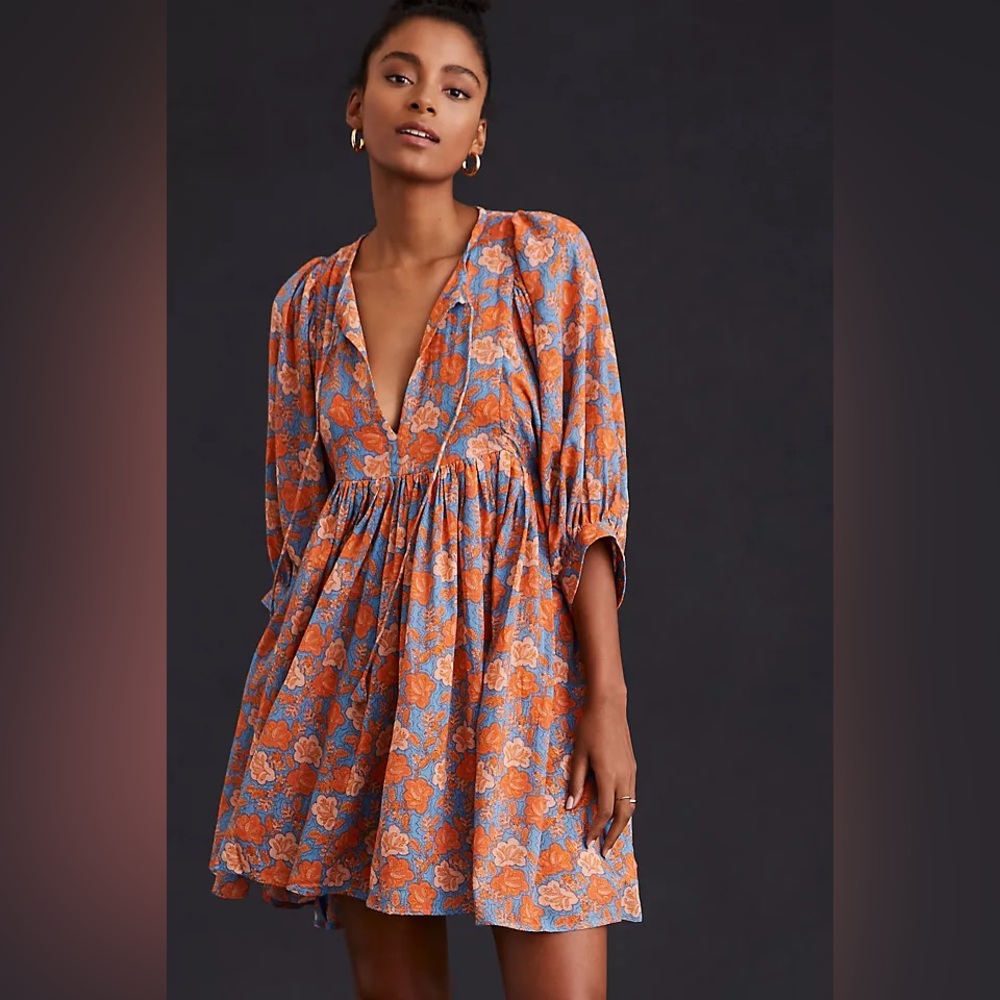 SUNDRY FLORAL MINI SHIFT DRESS SIZE 2 (MEDIUM) SLEEVES ORANGE AND BLUE - Picture 5 of 16
